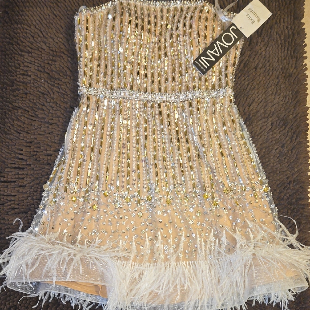 Jovani Gold and Silver Embellished Dress Feathers (Ivory/Nude) Sz 6 NWT - Picture 1 of 16
